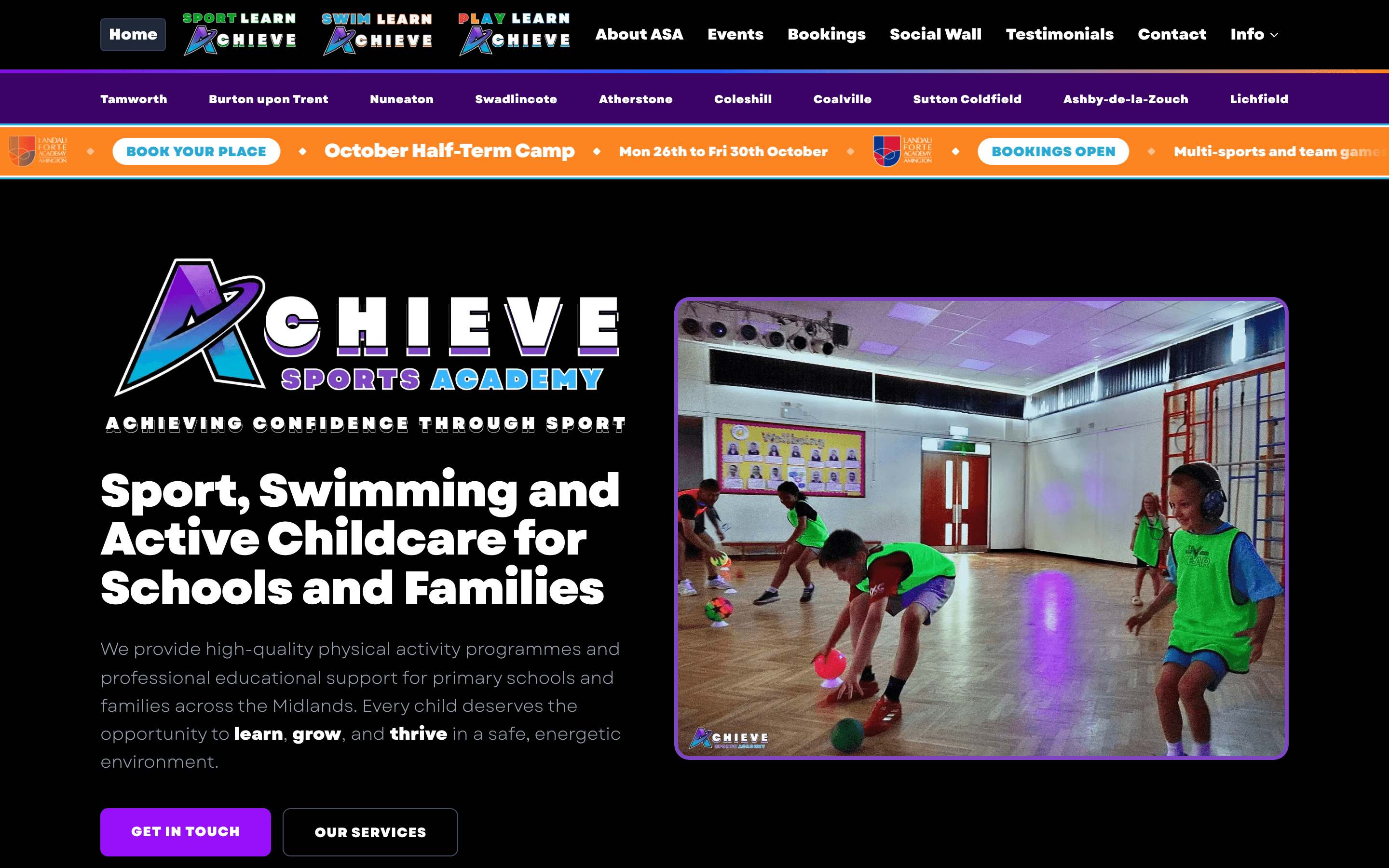 The Achieve Sports Academy homepage: a bold dark hero reading ‘Sport, Swimming and Active Childcare for Schools and Families’, with the Achieve logo, a photograph of a school sports session, and navigation across three programme areas.