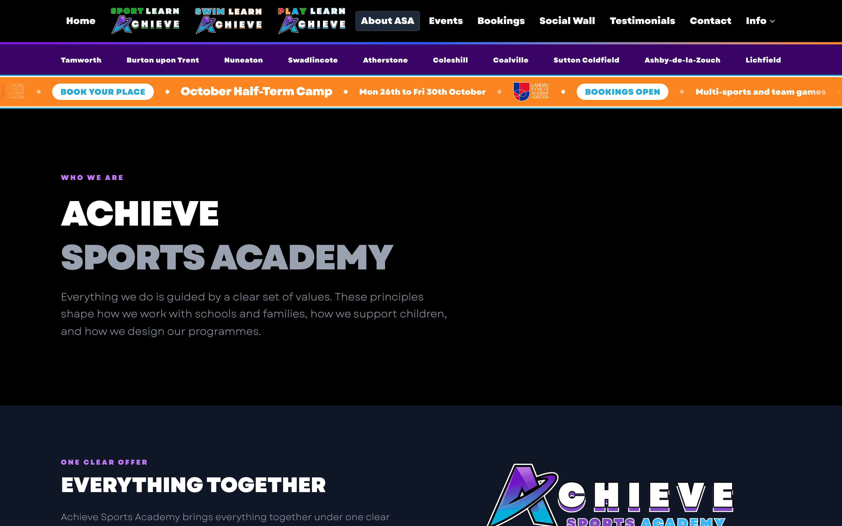 The Achieve Sports Academy about page, headed ‘Who we are’, setting out the values behind the programmes.