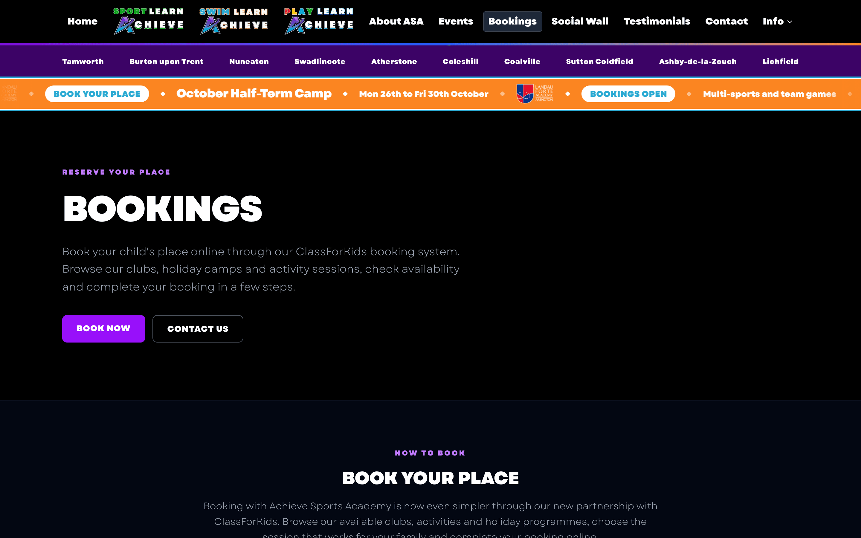 The Achieve Sports Academy bookings page, inviting parents to reserve a place on clubs, camps and activity sessions.