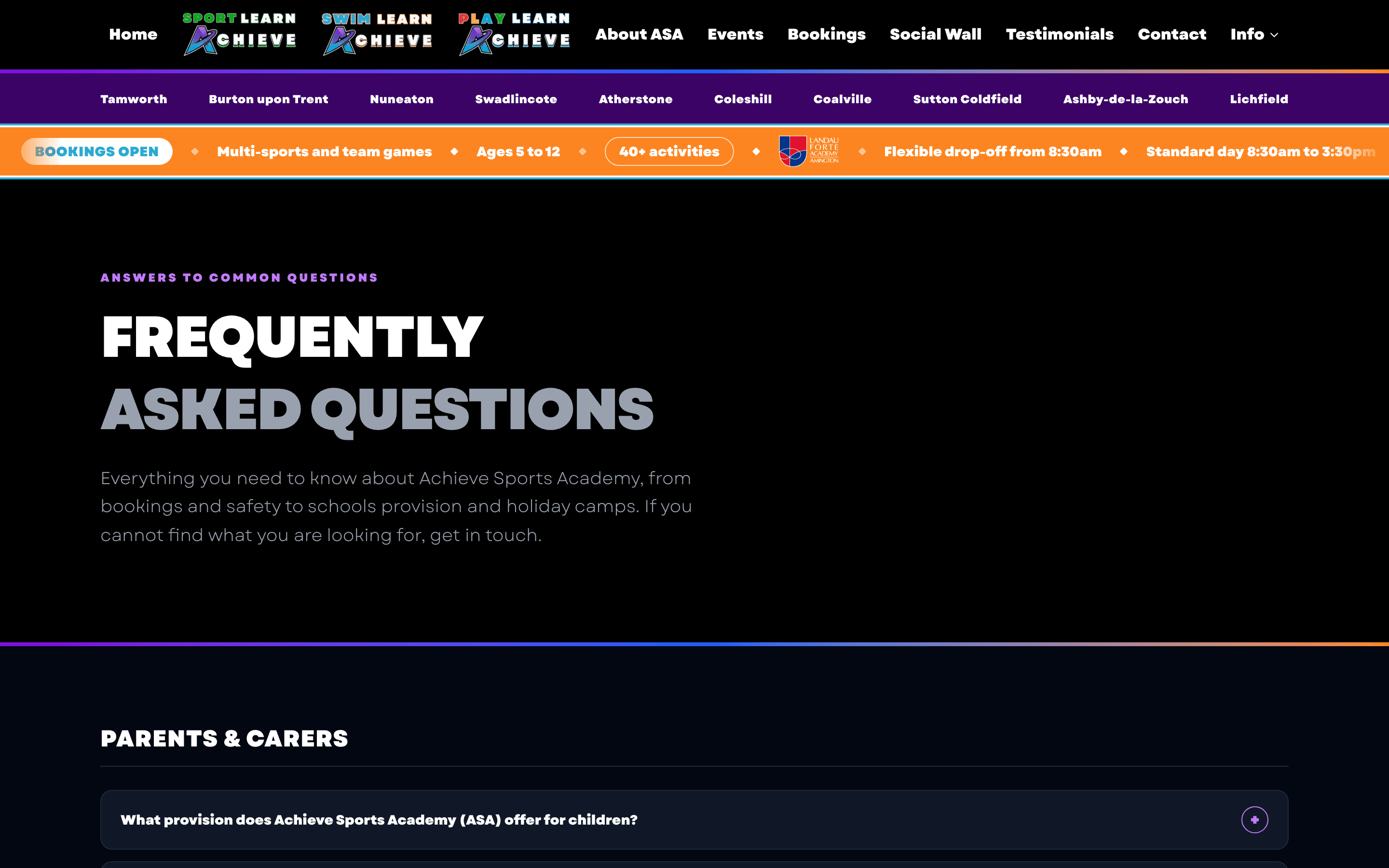 The Achieve Sports Academy frequently asked questions page, with answers for parents and carers covering bookings, safety, schools provision and holiday camps.