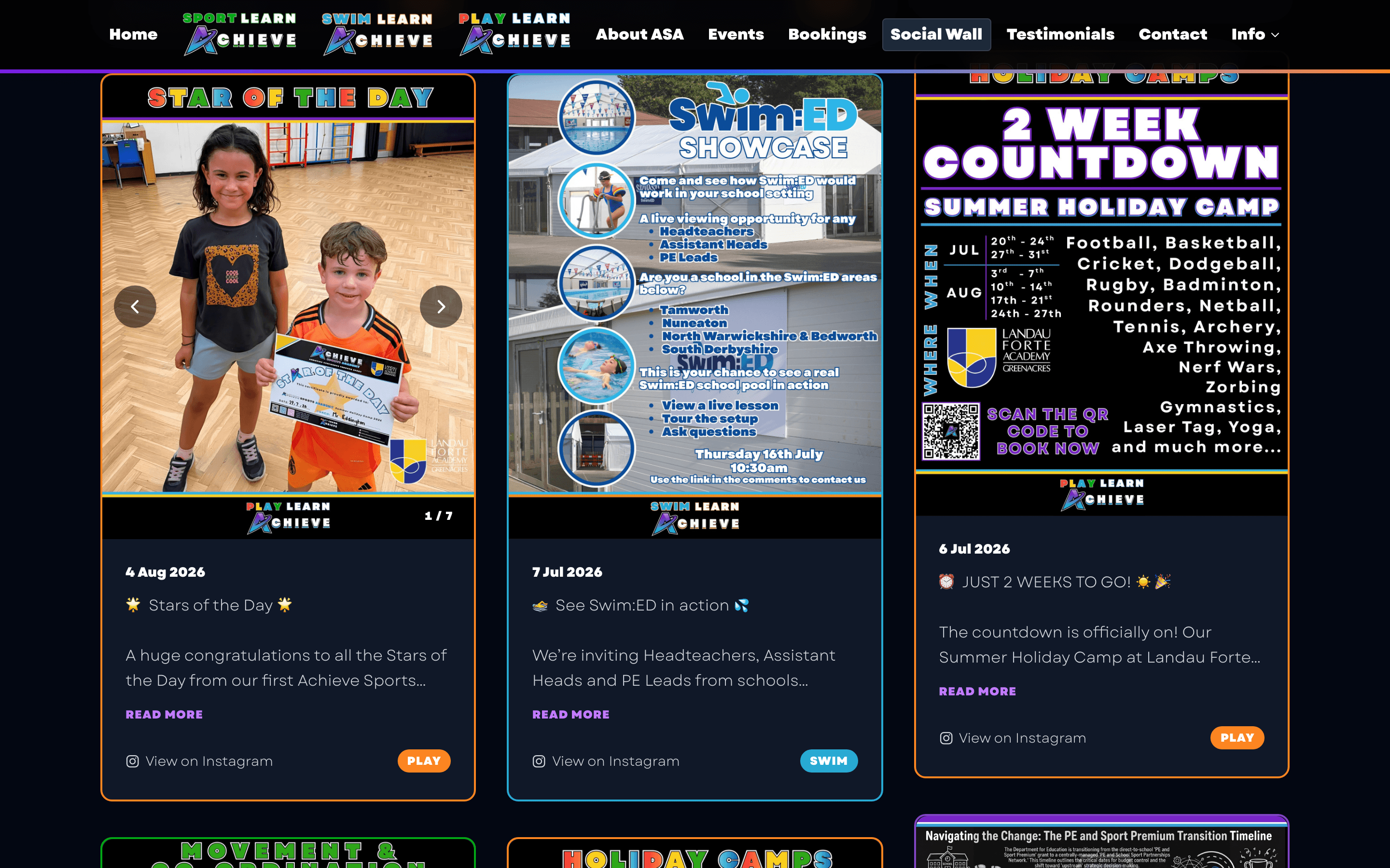 The Achieve Sports Academy social wall showing a grid of dated Instagram posts, each with its caption, a read-more link and a ‘View on Instagram’ link.