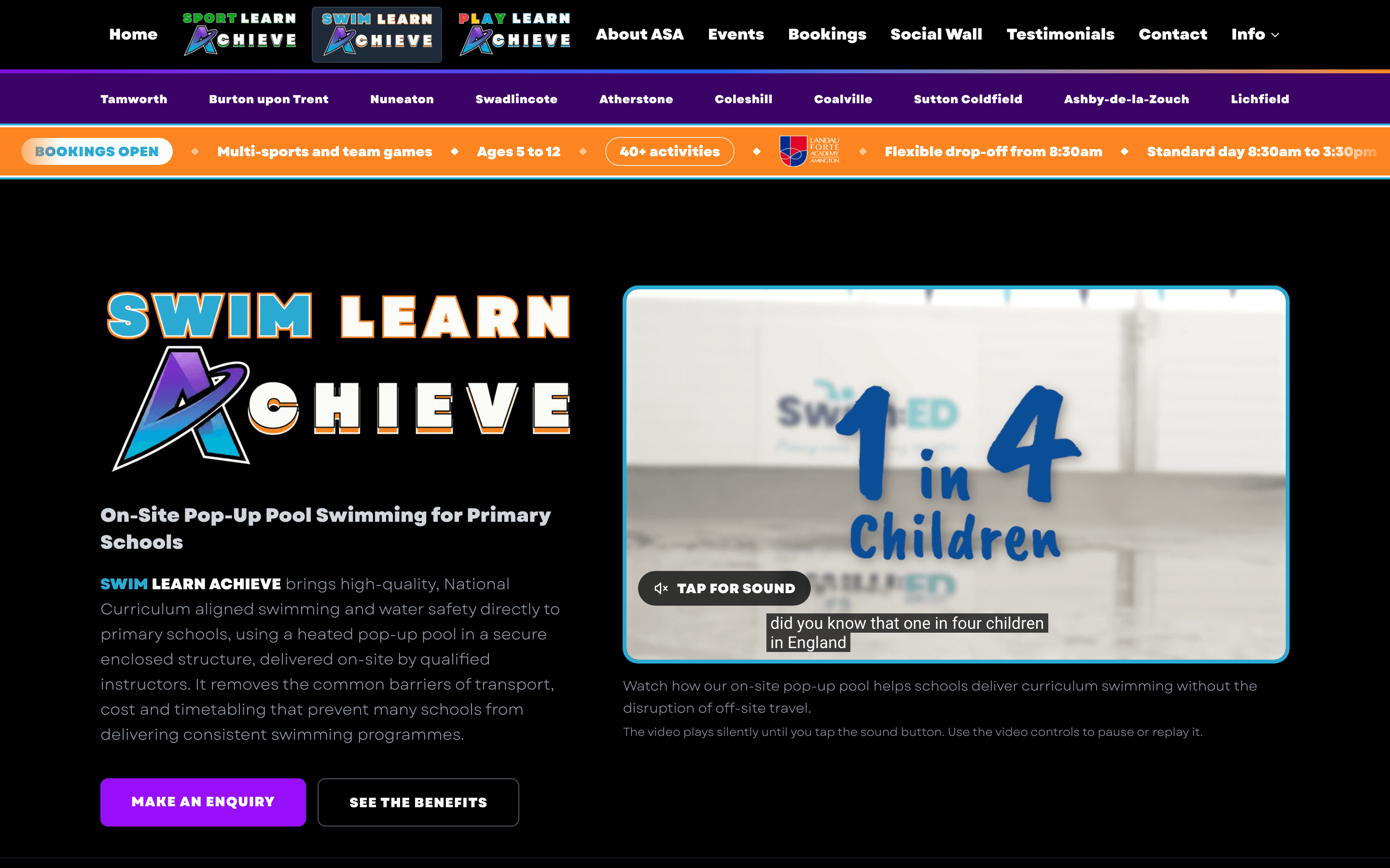 The Swim Learn Achieve programme page, explaining on-site pop-up pool swimming for primary schools, with the programme logo and a video about curriculum swimming.