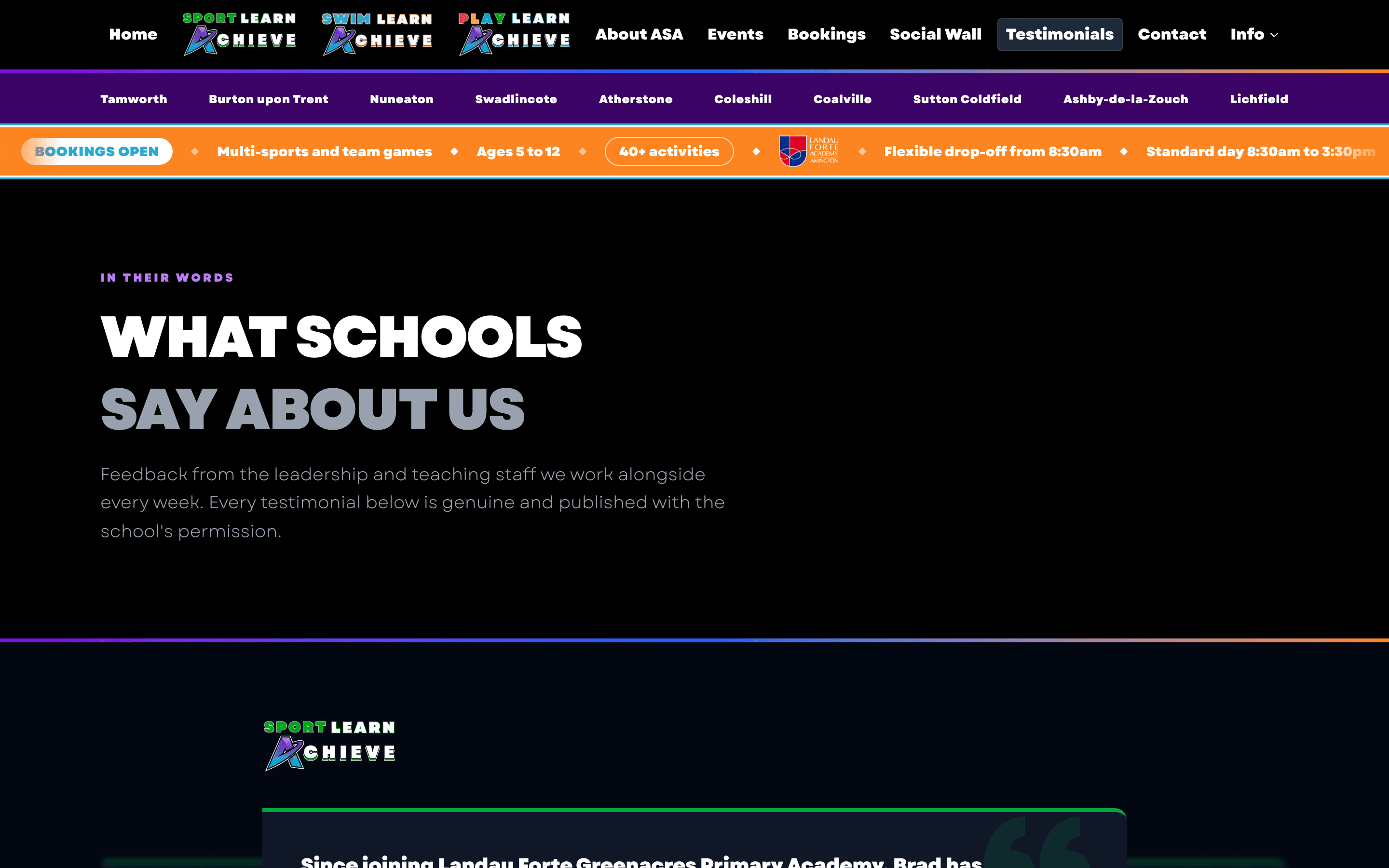 The Achieve Sports Academy testimonials page, headed ‘What schools say about us’, introducing feedback from the leadership and teaching staff they work alongside.