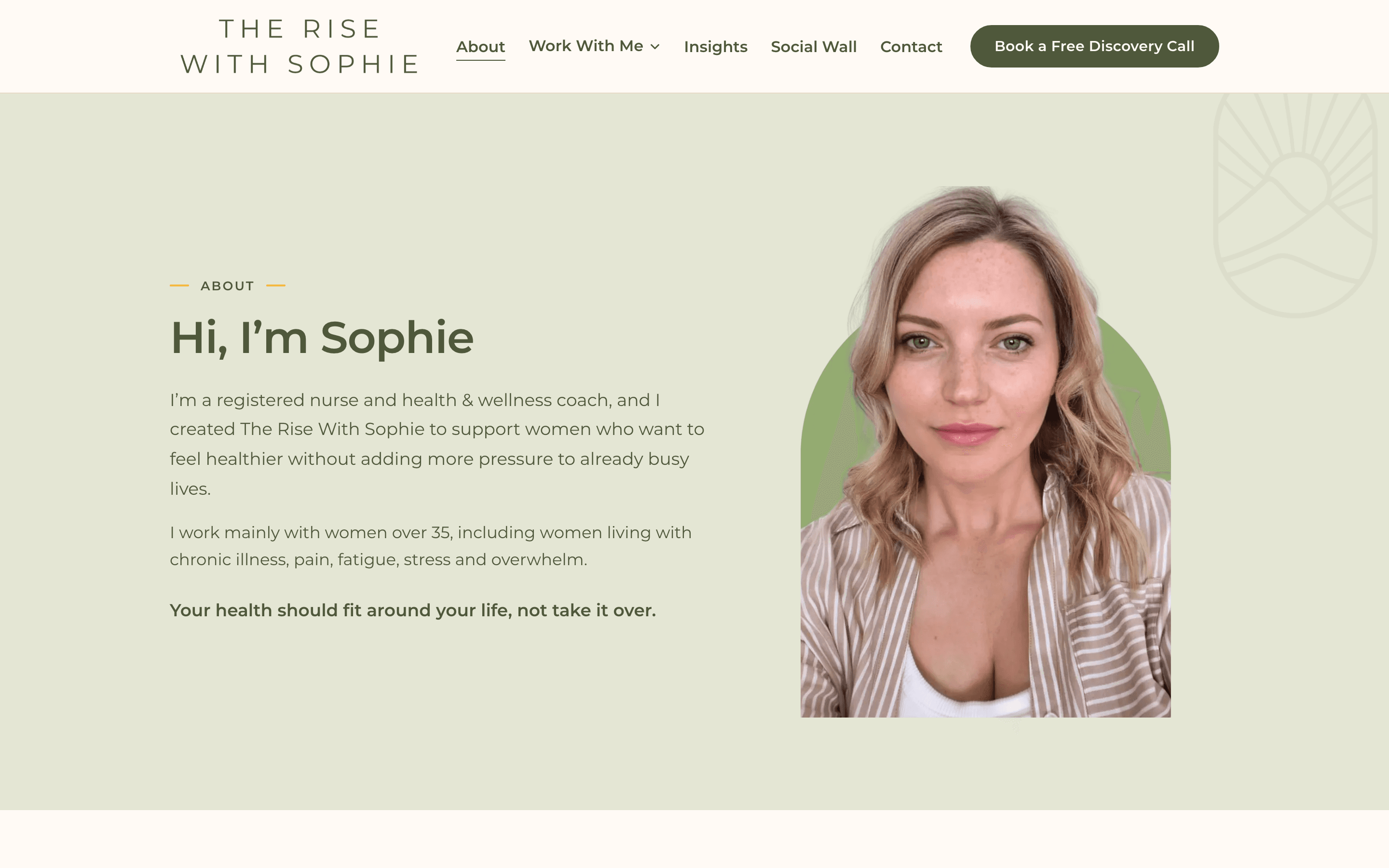 The Rise With Sophie about page, headed ‘Hi, I’m Sophie’, with her photograph in an arched frame beside her introduction as a registered nurse and health coach.