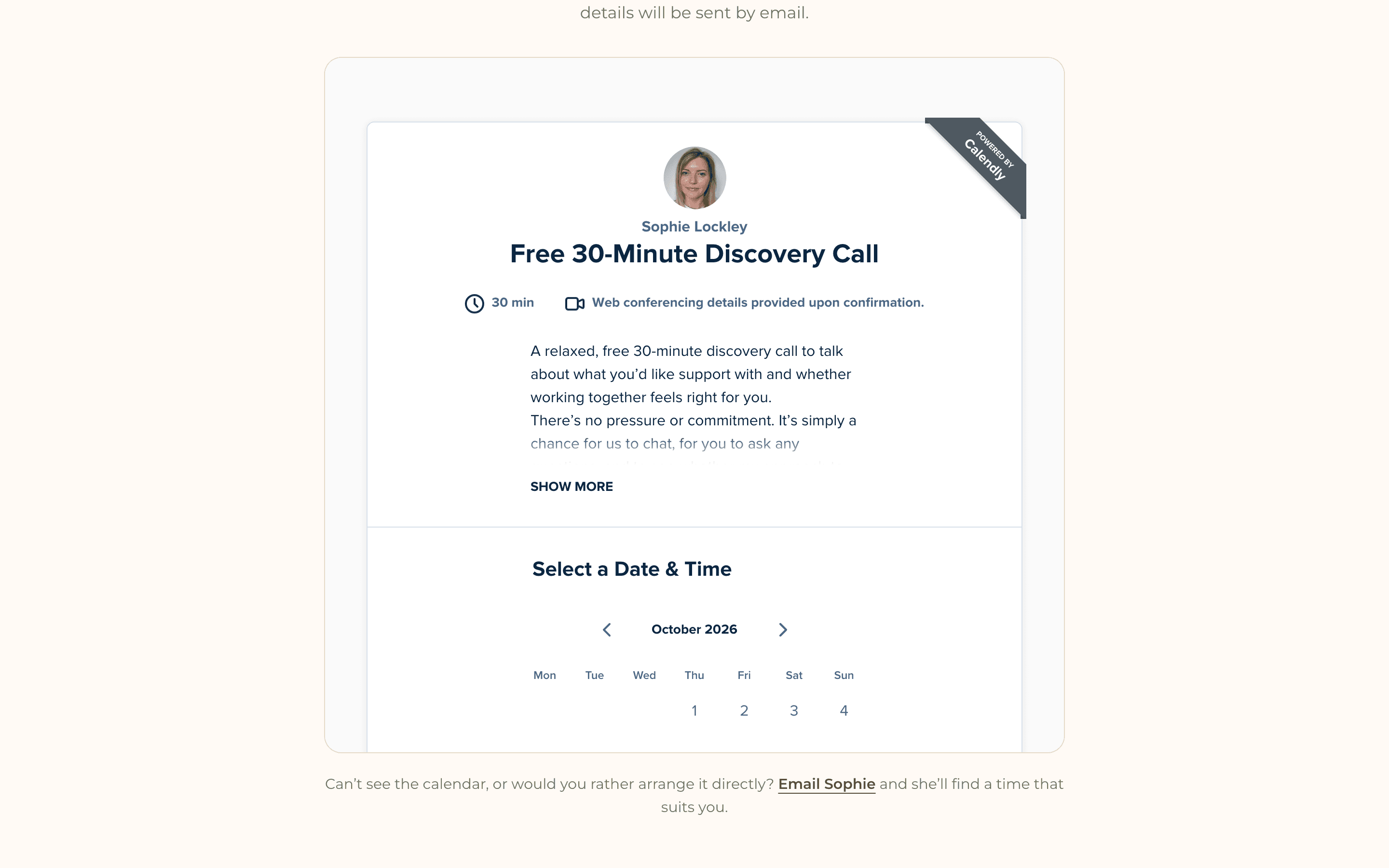 The booking section of The Rise With Sophie's contact page: the embedded Calendly interface for her free 30-minute discovery call, with the ‘Select a Date & Time’ calendar open on a month view.