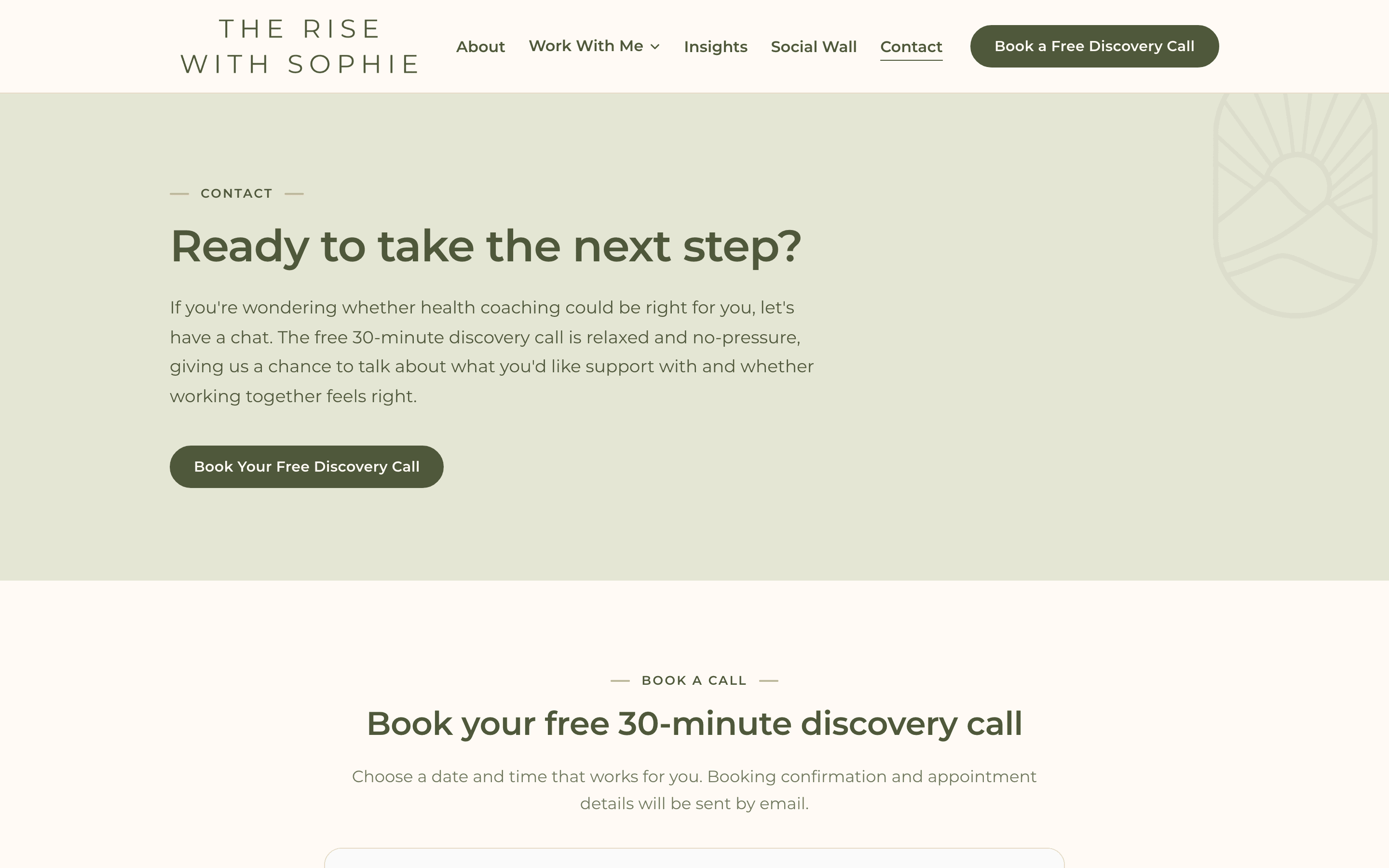 The Rise With Sophie contact page, headed ‘Ready to take the next step?’, explaining the free 30-minute discovery call and leading to the booking calendar.